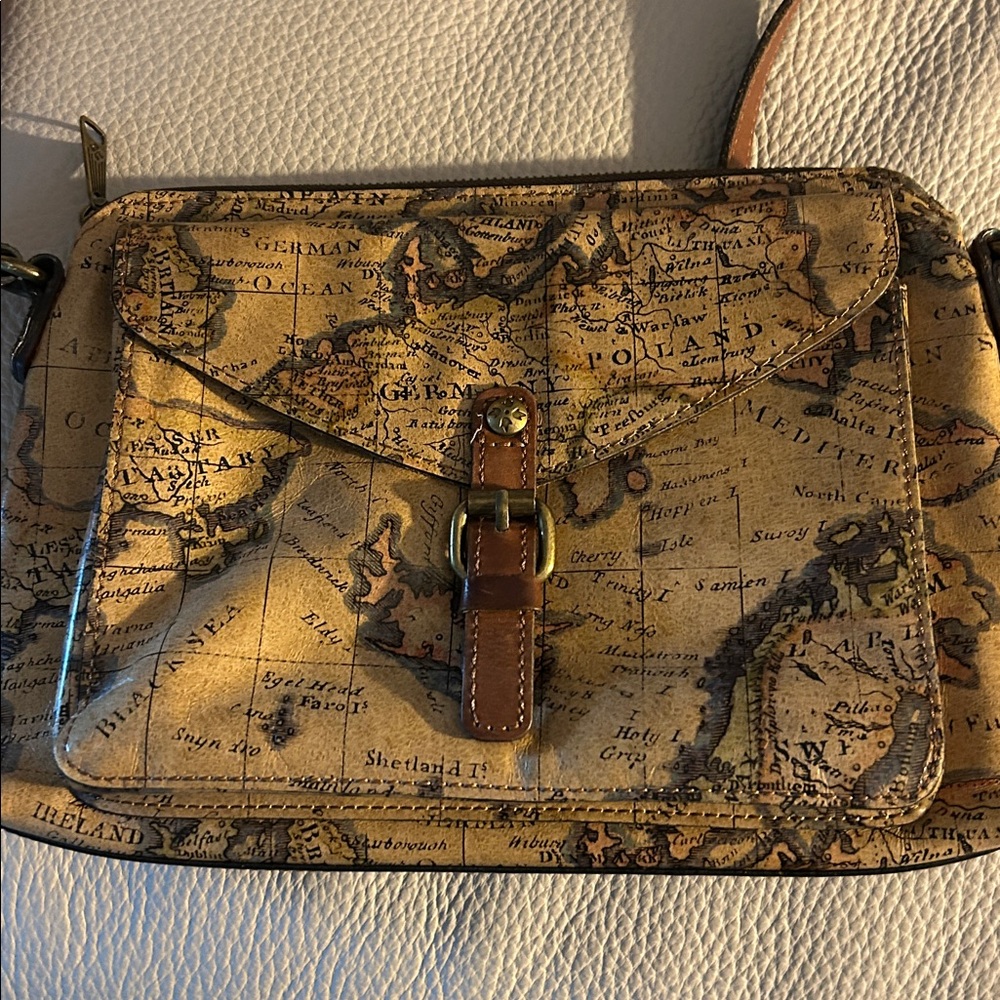 Patricia Nash Map-Print Leather Crossbody Shoulder Bag in Tan and Brown
